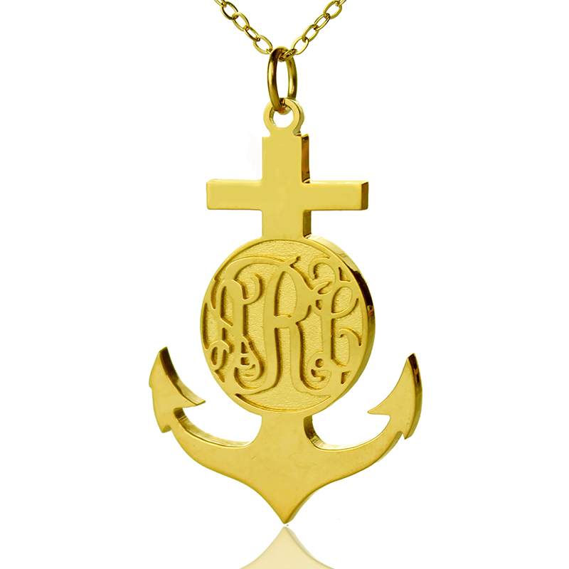 Gold Plated 925 Silver Anchor Cross Necklace Monogram Name Necklace