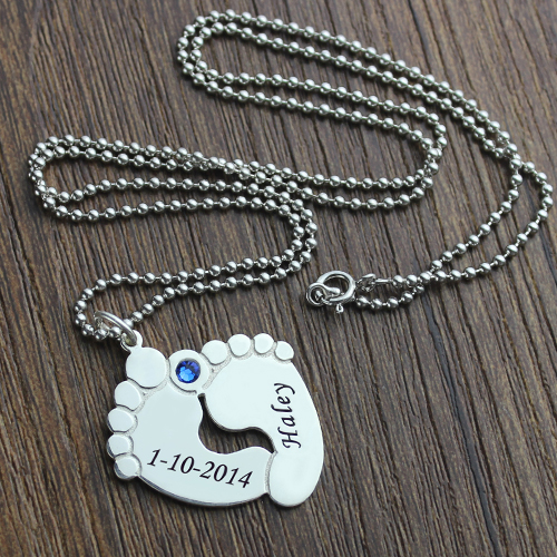Engraved Sterling Silver Baby Feet Name Necklace with Birthtones Baby