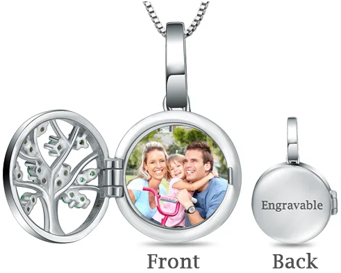 Engraved Memory Family Tree Photo Locket Pendant in Silver