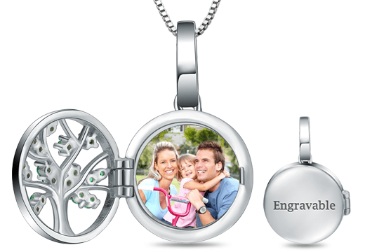 Engraved Memory Family Tree Photo Locket Pendant in Silver