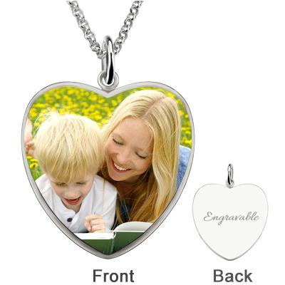 Heart Engraved Mom & Son Picture Necklace Sterling Silver