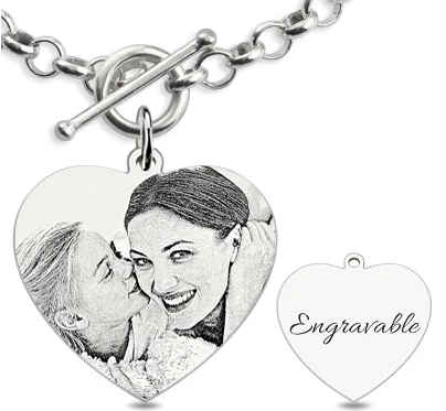 Custom Heart Charm Photo Engraved Bracelet in Sterling Silver