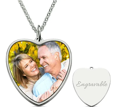 Engraved Heart Shape Photo Necklace Stainless Steel