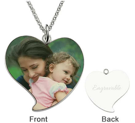 Engraved Heart Mom & Daughter Photo Necklace in Sterling Silver