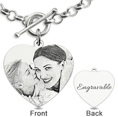 Custom Heart Charm Photo Engraved Bracelet in Sterling Silver