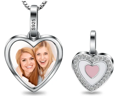 Sterling Silver Necklace Heart Photo with Crystal