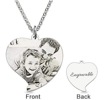 Custom Engraved Heart Photo Necklace Dad & Son Silver