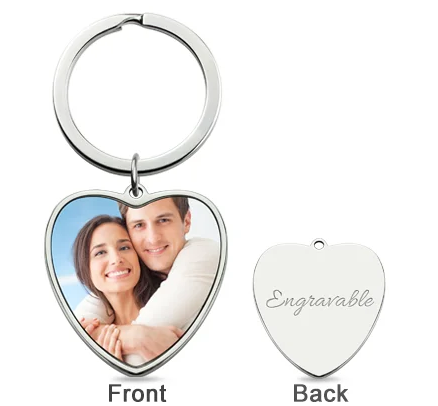 Engraved Heart Color Couple Photo KeyChain Stainless Steel
