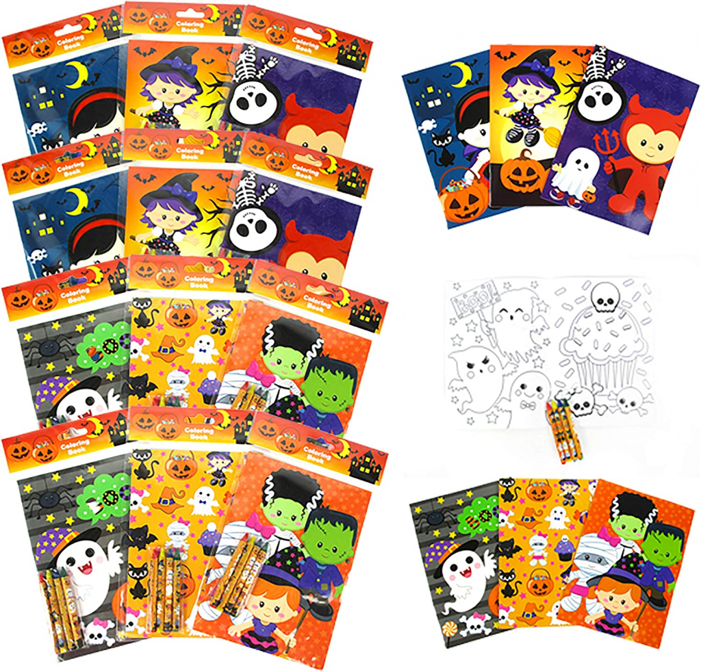 TINYMILLS Halloween Coloring Books for Kids with 12 Coloring Books and 48 Crayons, Fun Halloween Treats Party Favors, Halloween Prizes, Favor Bag Filler, Halloween Party Supplies