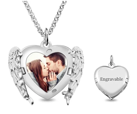 Engravable Angel Wings Sterling Silver Heart Photo Locket Necklace
