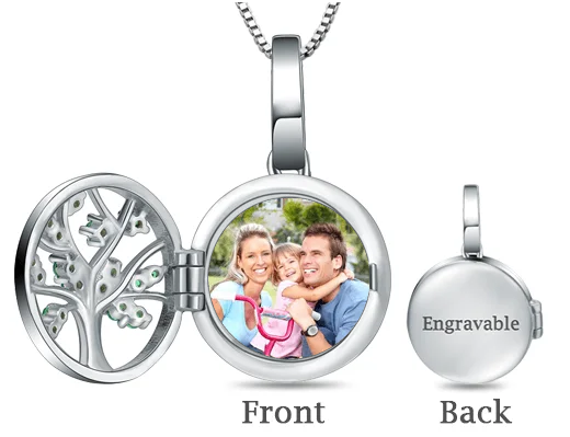 Engraved Memory Family Tree Photo Locket Pendant in Silver