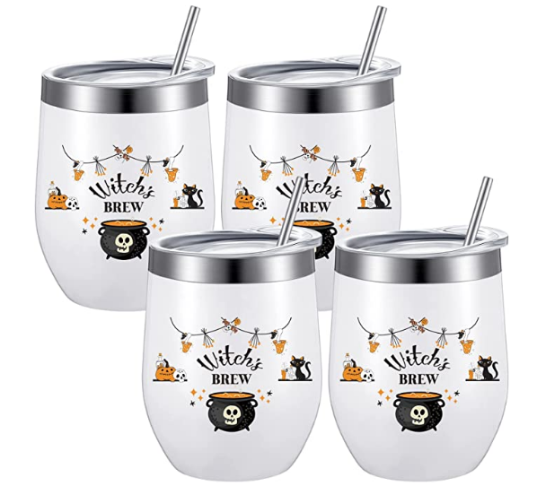 4 Pieces Witch's Brew Halloween Wine Tumbler 12 oz Gift Mug Witch Room Decor for Witchcraft Women, Double Wall Vacuum Insulated Stainless Steel Coffee Mug with Lid Straw Brush