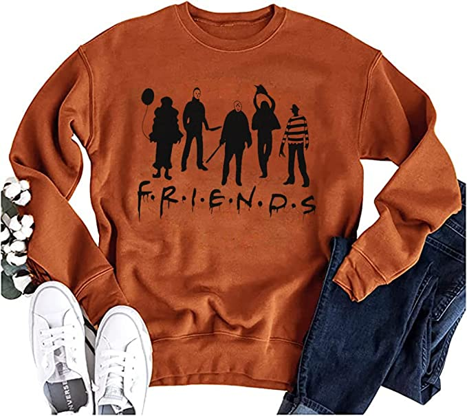 Halloween Friends Sweatshirt Women Funny Halloween Party Sweatshirt Horror Theme Novelty Long Sleeve Graphic Shirt