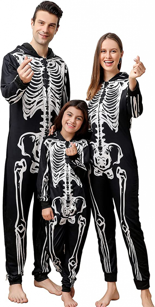 Family Matching Halloween Onesies Pajamas, Funny Skeleton Printed Hooded Zippered PJs Holiday Loungewear for Men/Women/Kids