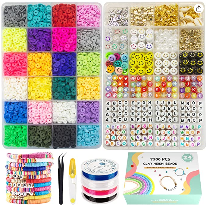 Total 7200 Pcs | Clay Beads for Bracelet Making Kits, 24 Colors 6000 pcs Flat Clay Heishi Beads | 16 A-Z Smiley Face Beads,Strings for Jewelry Making Kit Bracelets Necklace Stuff Gift for Girls 6-12