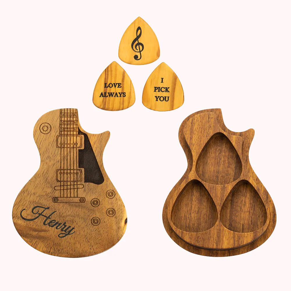 Engraved Wooden Guitar Picks with Storage Case