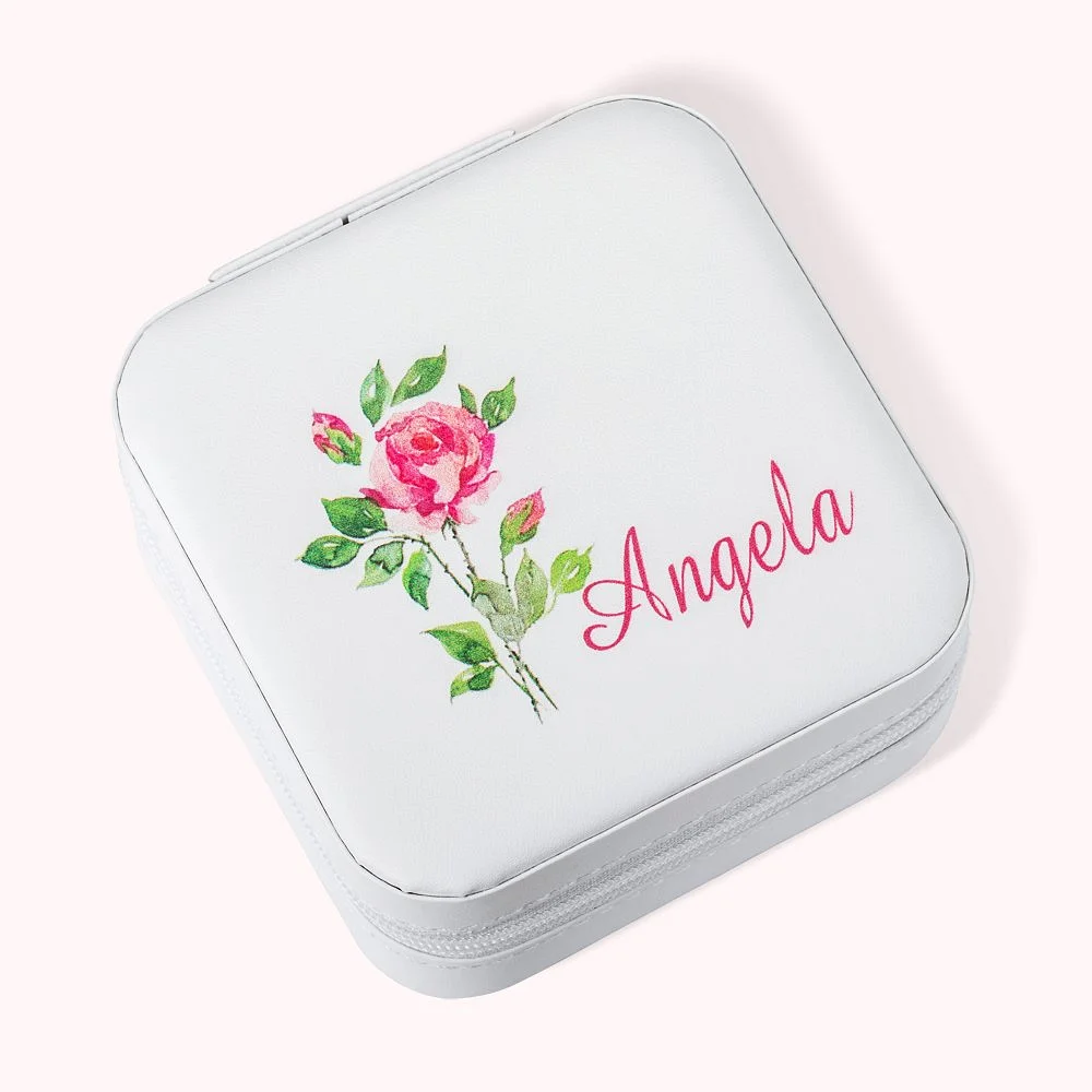 Personalized Leather Watercolor Birth Flower Jewelry Box with Name for Women Girls