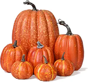 Lvydec Artificial Pumpkins Set Harvest Decoration, 7pcs Assorted Size Orange Pumpkins Realistic Large Pumpkins for Halloween Thanksgiving Autumn Festive Party Supplies