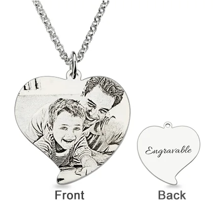 Custom Engraved Heart Photo Necklace Dad & Son Silver