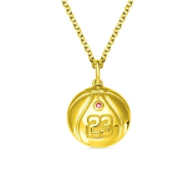 Engraved Basketball Necklace with Number And Birthstone in Gold