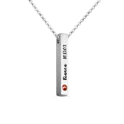 Engraved Brushed Finish 4 Sided Bar Necklace with Birthstones
