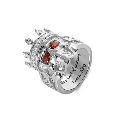 Engraved Skeleton King Ring with Birthstone in Silver