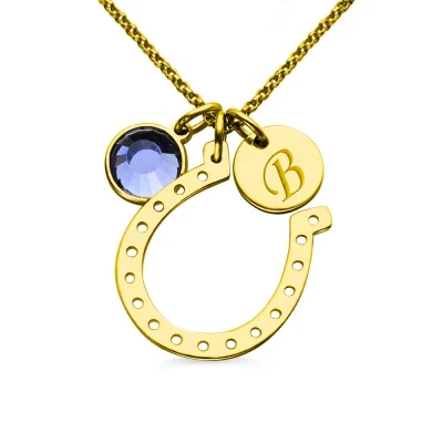 Birthstone Horseshoe Lucky Necklace with Initial Charm 18k Gold Plate