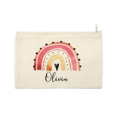 Custom Name Pencil Case, Canvas Zip Pouch with Rainbow, Personalized Stationery, School Supplies, Summer Camping, Gift for Kids