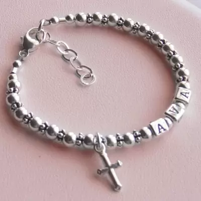 Personalized Cross Name Bracelet, Sterling Silver 925 Beads Bracelet