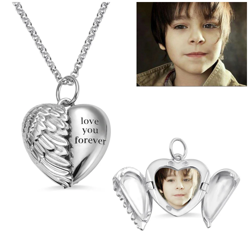 Engravable Angel Wings Heart Photo Necklace in Silver