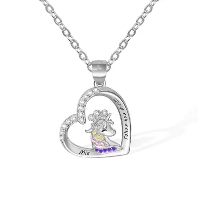 Personalized Name Heart Pendant Necklace with Crowned Unicorn