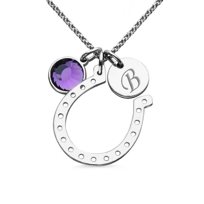 Horseshoe Good Luck Necklace with Initial & Birthstone Charm