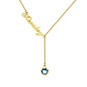 Personalized Simple Name & Birthstone Y Necklace in Gold