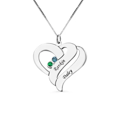 Heart Necklace for Her with 2 Names & Birthstones
