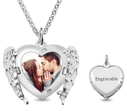 Engravable Angel Wings Sterling Silver Heart Photo Locket Necklace