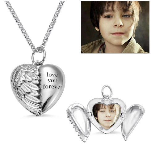 Engravable Angel Wings Heart Photo Necklace in Silver