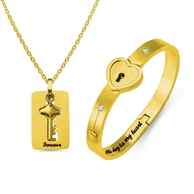Personalized Couple's Bracelet And Key Necklace in Gold