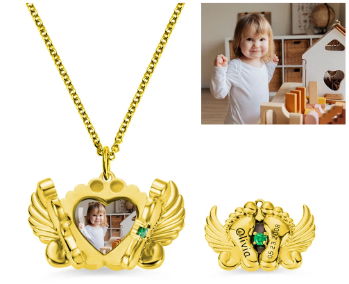 Personalized Photo and Name Angel Wing Feet Necklace in Gold