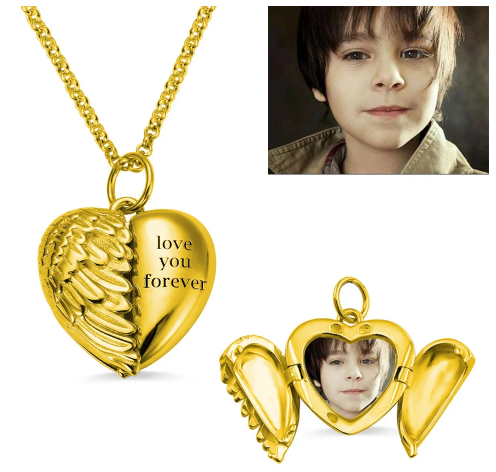 Engravable Angel Wings Heart Photo Necklace in Gold
