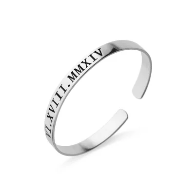 Personalized Roman Numeral Date Cuff Bangle Sterling Silver