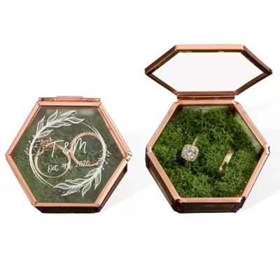 Hexagon Glass Ring Box with Moss