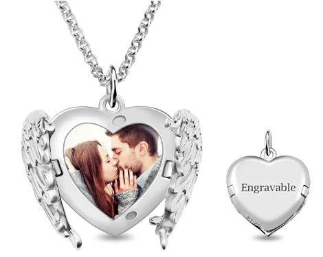 Engravable Angel Wings Sterling Silver Heart Photo Locket Necklace