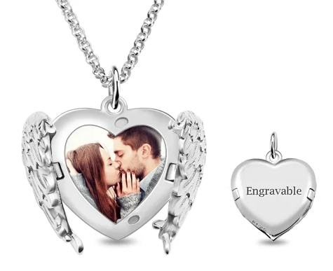 Engravable Angel Wings Sterling Silver Heart Photo Locket Necklace