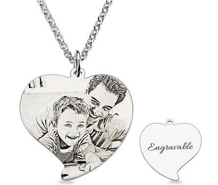 Custom Engraved Heart Photo Necklace Dad & Son Silver