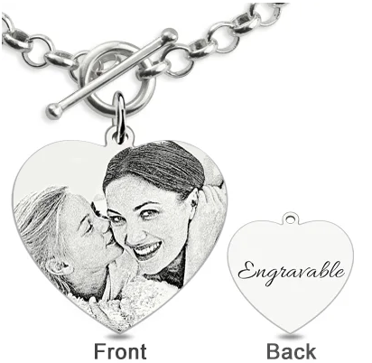 Custom Heart Charm Photo Engraved Bracelet in Sterling Silver