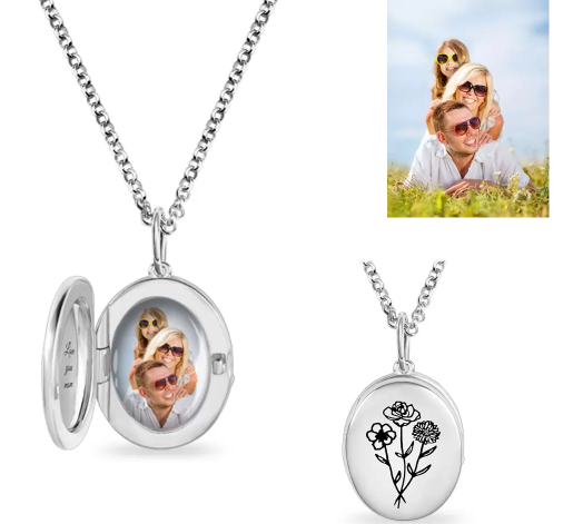 Personalized Photo Locket Necklace with 1-4 Birth Flowers