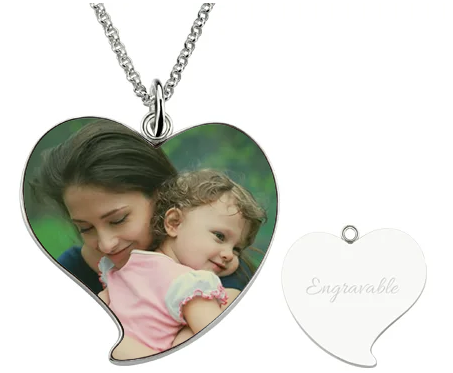 Engraved Heart Mom & Daughter Photo Necklace in Sterling Silver