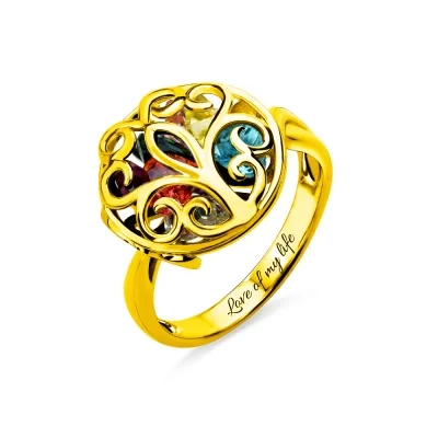 Round Cage Family Tree Ring with Birthstone Gold Plated