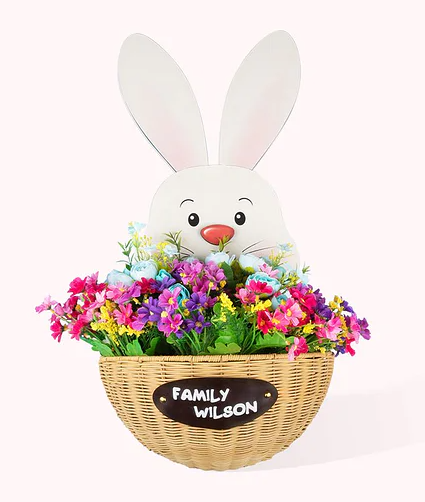 Personalized Easter Bunny with Flower Basket Wood Door Sign Decoration for Yard Farmhouse Porch