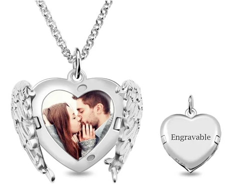 Engravable Angel Wings Sterling Silver Heart Photo Locket Necklace